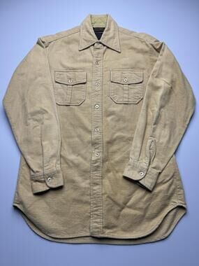 Vintage Eddie Bauer Shirt Mens Beige Solid Long Sleeve Flannel Cotton VTG Read